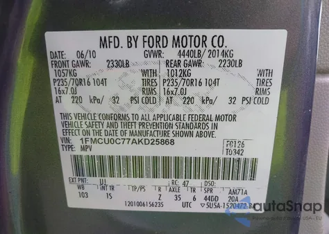 2010 Ford Escape Xls из США, поврежденный, VIN 1FMCU0C77AKD25868
